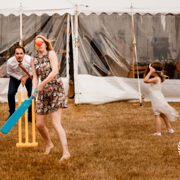 A fun moment at Alice and James's alternative wedding. A reception of Afternoon Tea and party games in the field. Guests camped overnight in the field.<br />
