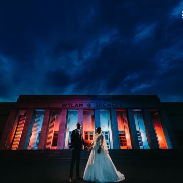 Captured at the stunning Wylam Brewery. This was captured about an hour before sunset and involved multiple flashes and colored gels to light the columns as well as a key light and rim lights for the couple. A very complex photograph to create but I hope you agree it looks awesome.