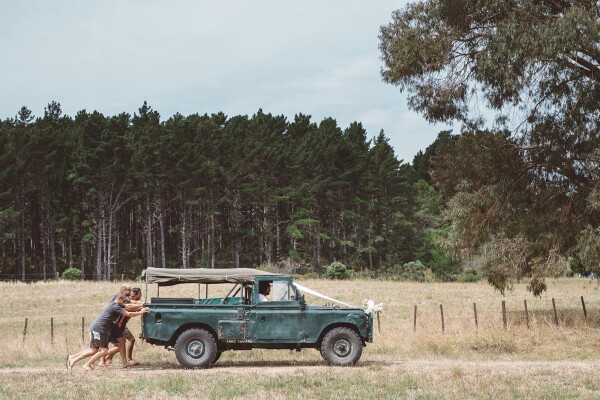 Wedding cars come in all shapes and sizes. This classic old Land Rover was the perfect vehicle for Jess & Jordan’s forest wedding, we just had to get it started.