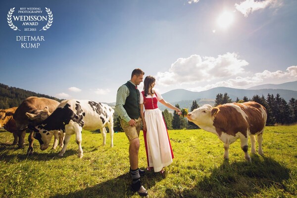 This photo was taken in Styria a federal state in Austria.<br />
Next to the church were cows on a pasture, as the bridal couple is very natural, this was just the right place for us to create a few beautiful bridal photos.