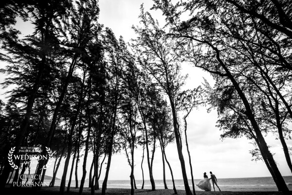A windy day at Waimanalo beach on Oahu, Hawaii.  The bride was walking out to the beach with incredible difficulty so the groom grabbed the dress to help her.  This image in black and white captures the intensity and solidarity of love these two have while expressing it through the presence of wind. 