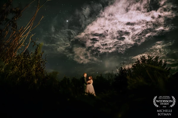 A winter night, star filled sky, a soft veil of clouds, and the newly weds holding each other warm.