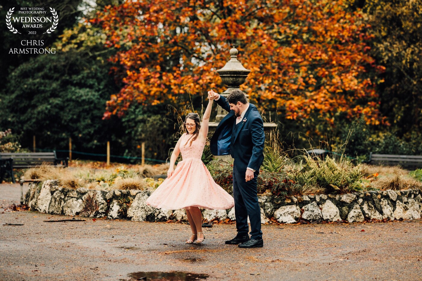 Richard giving his new wife JoJo a twirl in the favourite park just a short drive from their wedding venue. Moments after this shot was taken, the heavens opened but we had everything we needed.