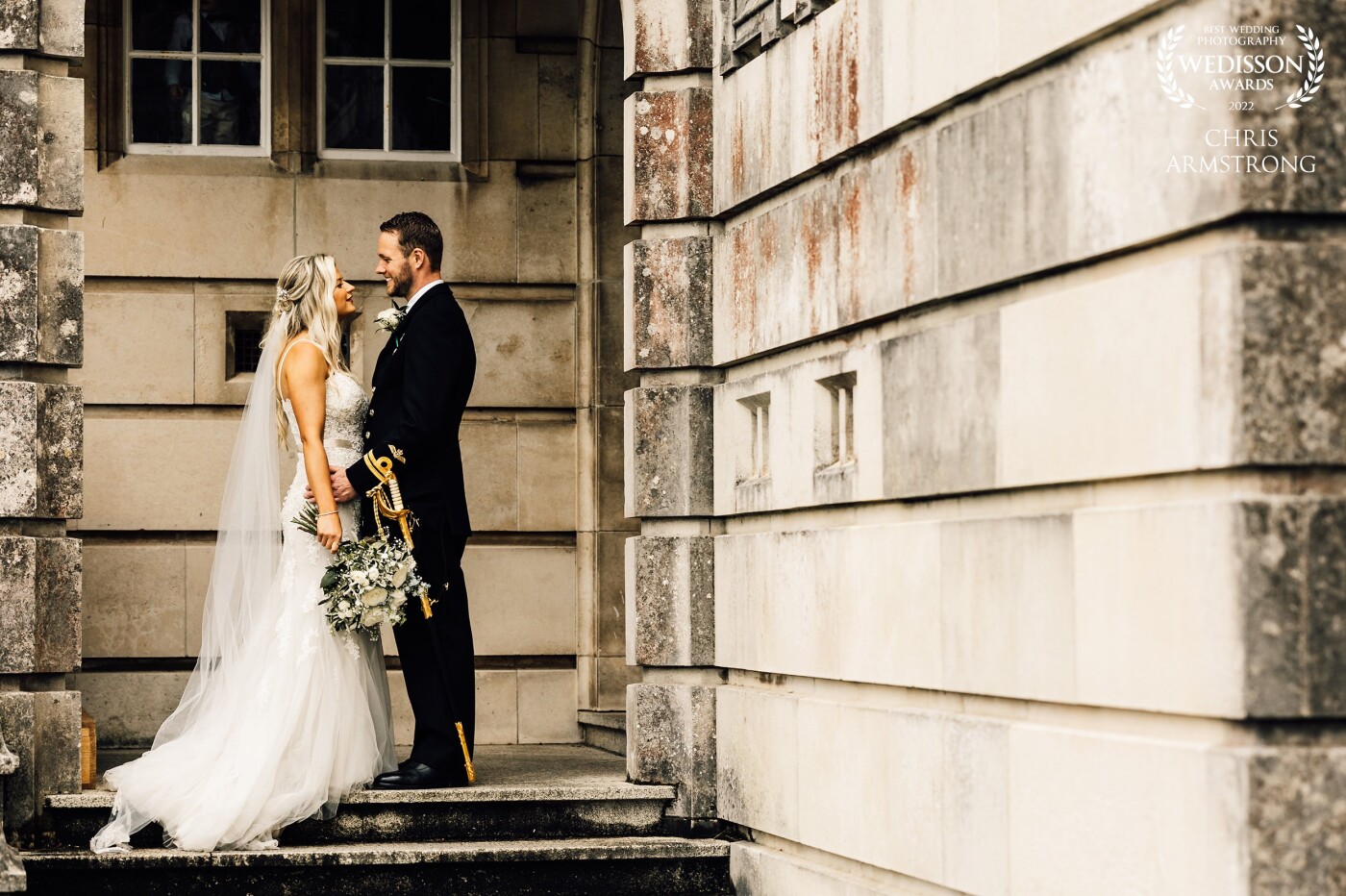 Eliza and Will shortly before their Wedding Breakfast at the beautiful and historic Britannia Royal Naval College, Dartmouth. Both looked amazing!