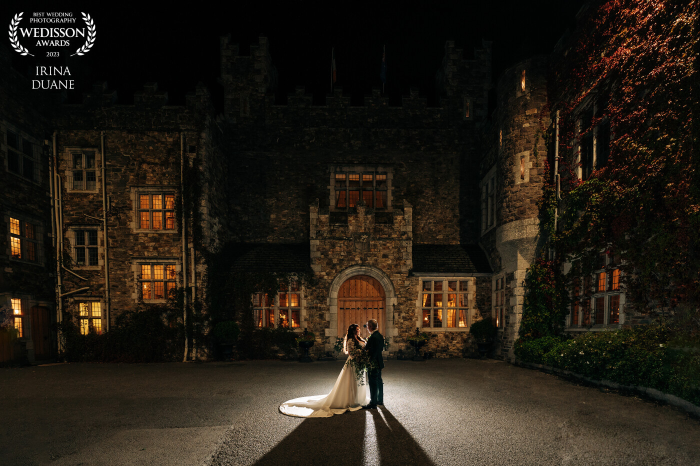Kate and Sean traveled with close family and friends from USA to tie the knot in Ireland at the lovely Waterford Castle, co. Waterford. Waterford Castle is a beautiful venue or a wedding and taking photos at night can create a romantic atmosphere.