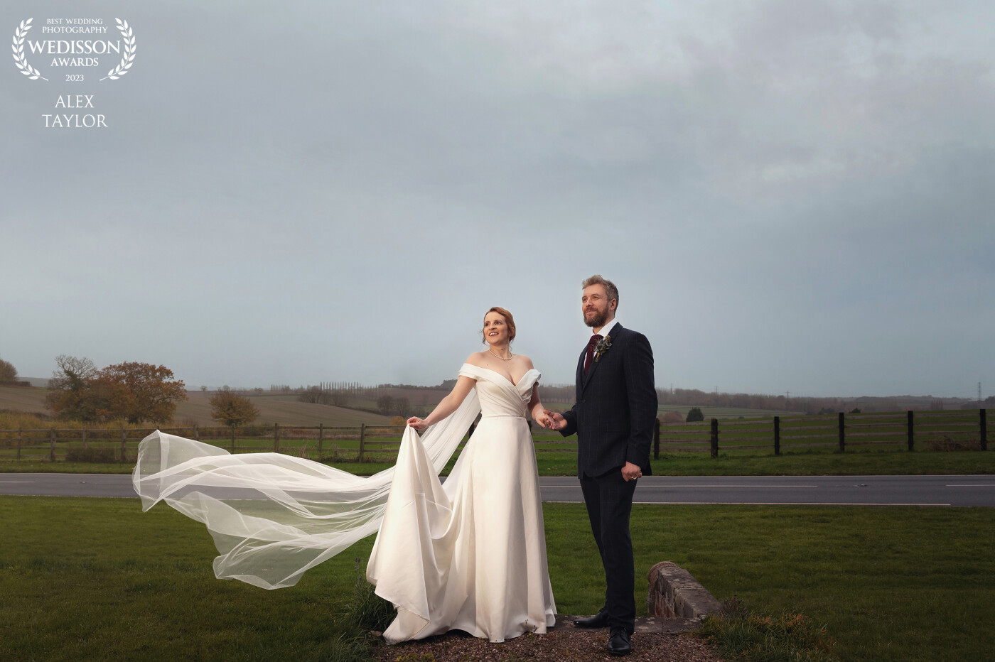 It was starting to get dark at Elizabeth and Chris’ winter wedding at the stunning Donington Park Farmhouse. I lit the couple with flash to highlight them against the rolling Derbyshire scenery.