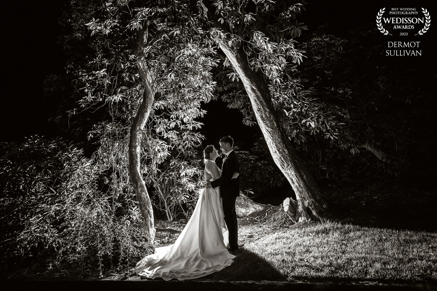 This photograph was taken in the break between dinner and the first dance. I scouted out the location in the grounds of The Maryborough Hotel in Cork, Ireland and I felt that the two trees would make a good frame for my couple. I had one flash behind them and another one at a lower power in front. after a few test shots, I got the levels right and the photograph was done.
