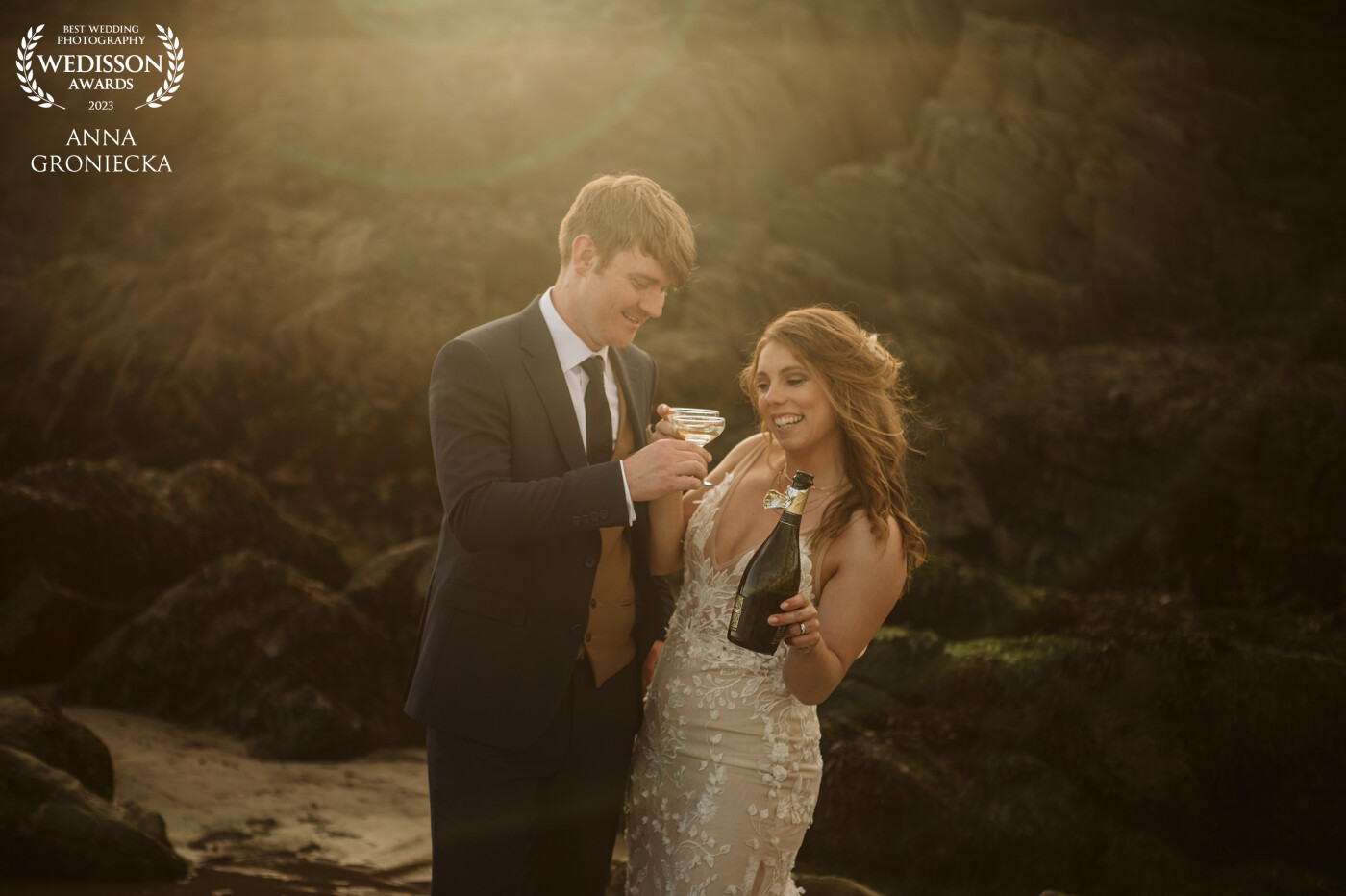 Jo and Alan kicked off their new married life in the most perfect way possible - sipping on champagne on the beach in West Cork, Ireland with the stunning sunset as their backdrop.