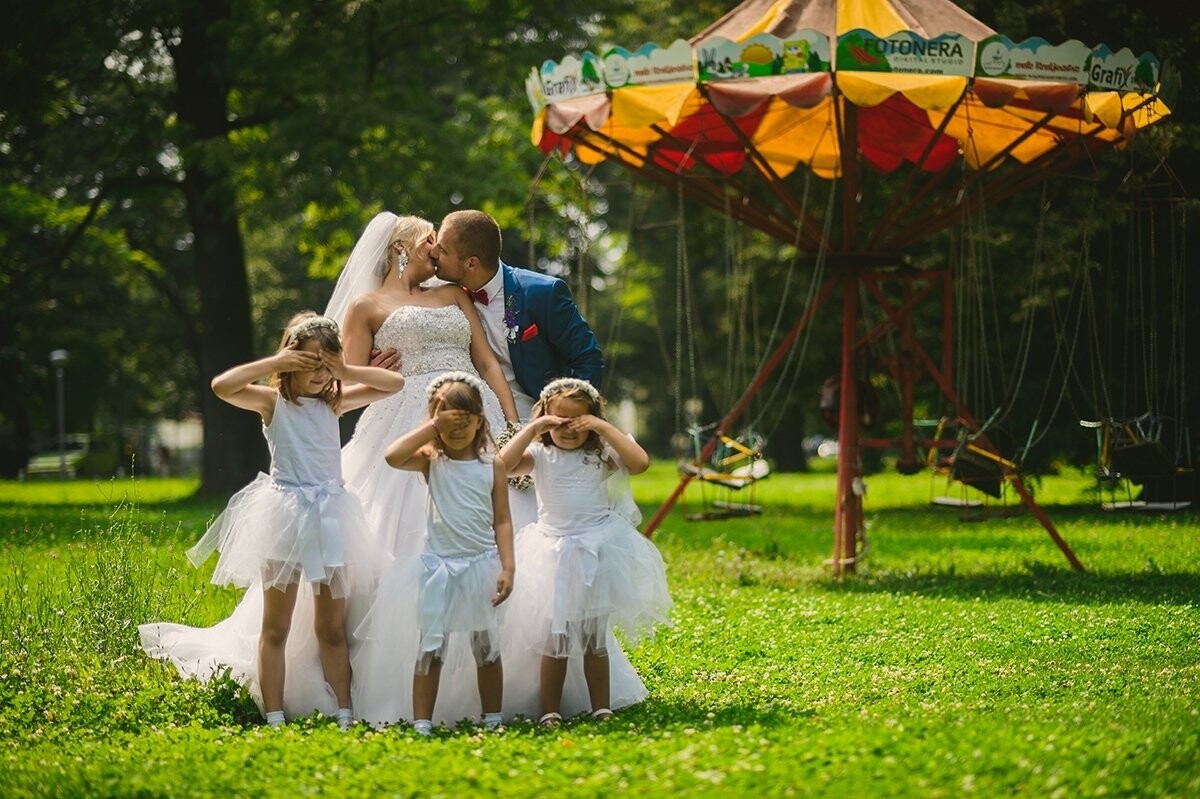 This photo was taken in a beautiful park in Banja Luka. Bride and groom wanted a photo with kids from relatives.