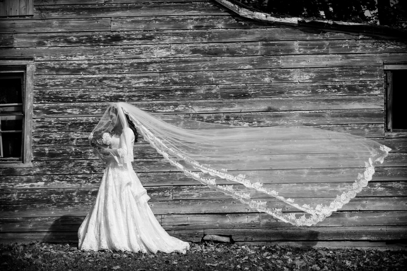 This veil had a gorgeous trim, and the rustic backdrop really made it pop. When the wind picked up, I knew we had a perfect black and white.