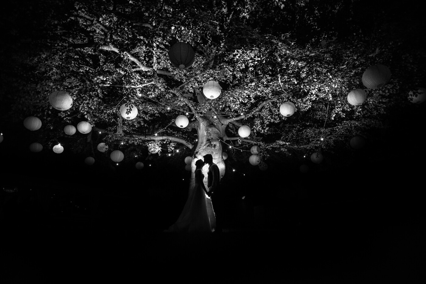 Once you come across such a beautiful tree, you know that you have to do something with it! I instantly got some ideas to shoot later on the wedding day. <br />
During their wedding party I wanted to place the bride and groom right before the tree and then light them from behind. I asked the newly weds if they had 3 minutes of their time. So we went outside and within 3 minutes we were back at the party with a amazing tree-shot! 