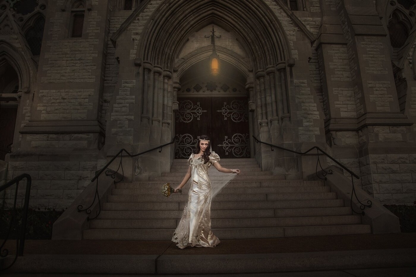 This image was taken in St. Louis, MO at the St. Francis Xavier Church with friend and model Corrin Stellakis of Syracuse NY. I wanted to create an image that displayed the beauty of this dress (made by friend Kate Mitchem, who is also a photographer located in VA),  and this church was the perfect backdrop for it!  Corrin is as beautiful on the inside as she is on the outside and it was a lot of fun creating this special portrait for her. 