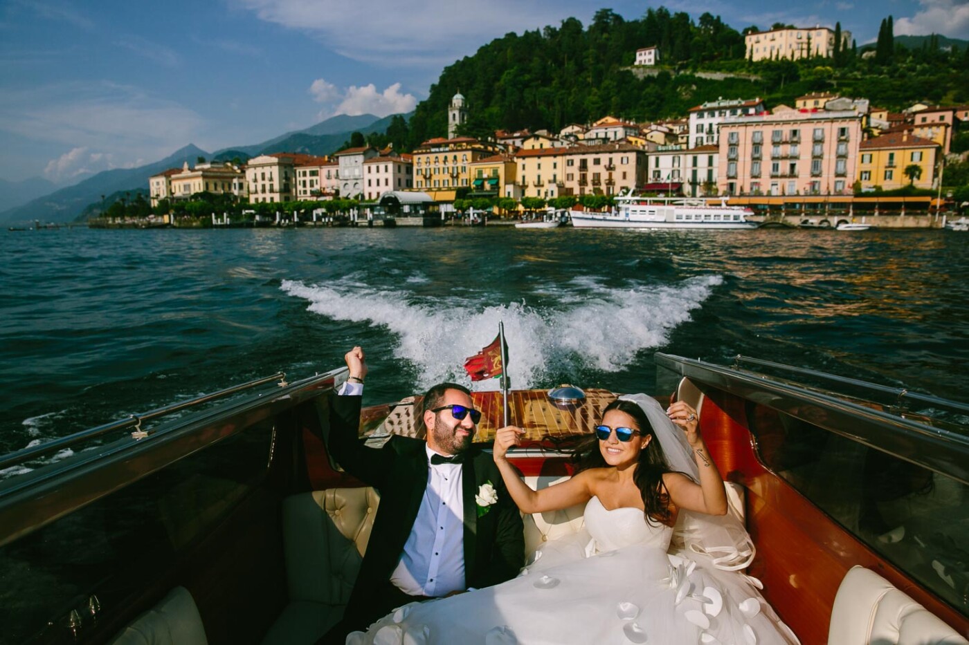 Assaf & Stephanie came from Beirut to Lake Como to celebrate their very joyful destination wedding. We had a fun boat ride in between the ceremony and the party and I came up with this image, which clearly represents the beauty of this area and what a great time they were having. 