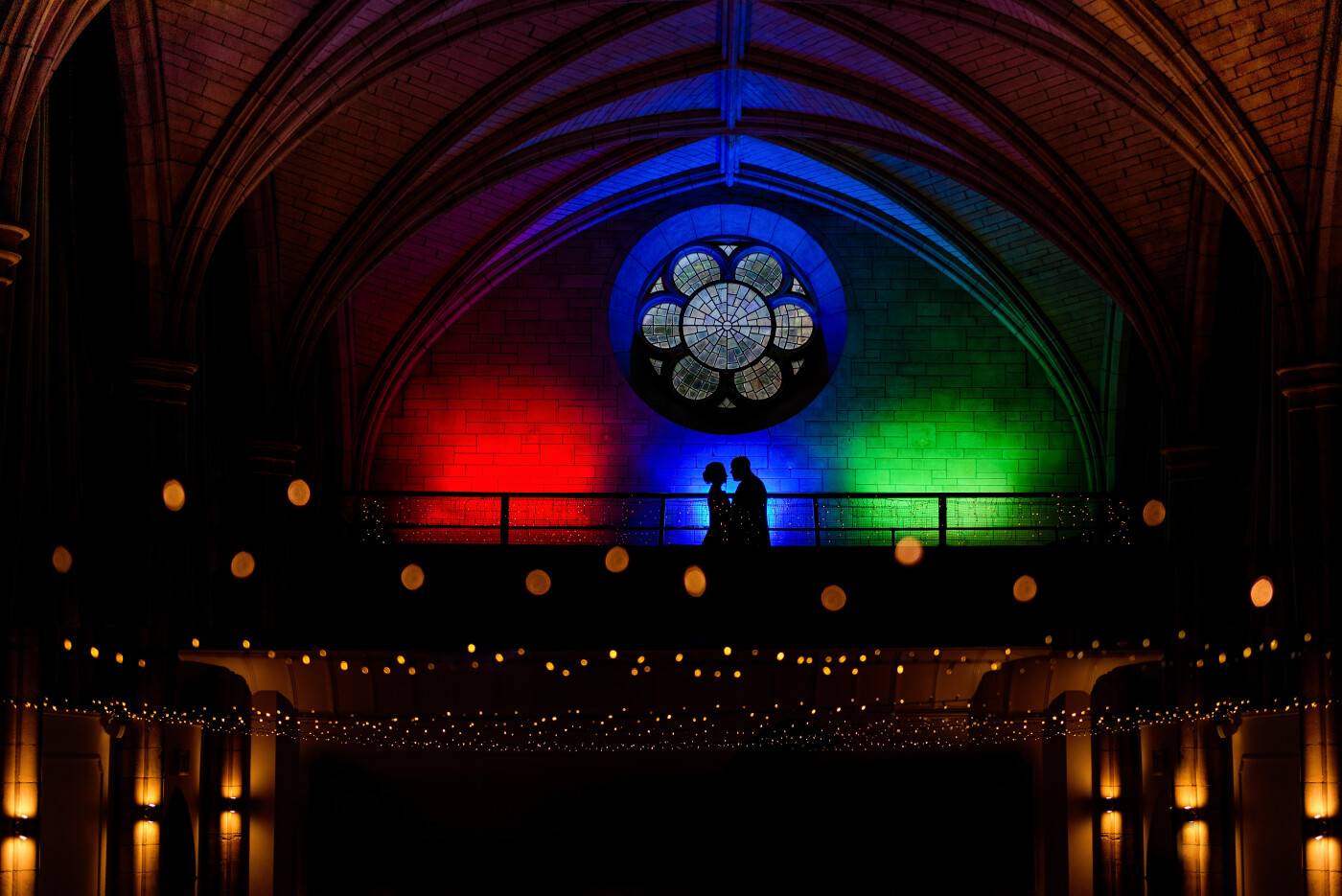 To finish the wedding off, the balcony in the Great Hall is a cool place to create something different. Having photographed quite a few couples on the balcony I like to keep the photographs unique to them and not copy previous photos from other weddings.  One of my previous balcony image which has won an international award was in black and white so this time I really wanted to add a splash of colour. 