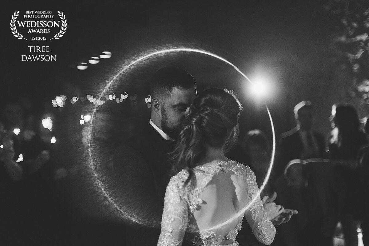 Joe and Claire enjoying their first dance at Askham Hall, Cumbria. Shot on a Canon 5D Mk3 with 50mm 1.2 through copper pipe using video lights.