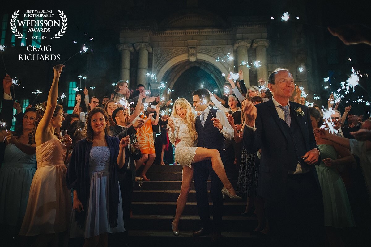 Hannah and Craig, killing it on the stairs at the magnificent Durham Castle! Sparklers, before they got 'cool'. Simple lighting - just a single LED panel to the left.. oh, and the guy to the right is the bride's father ;)