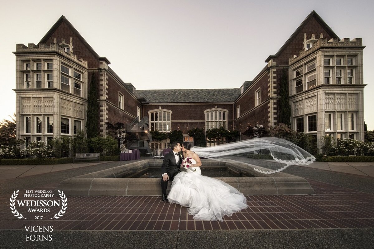 A romantic and peaceful moment after the ceremony at Khol Mansion in Burlingame, California.  The weather was ideal, the venue majestic, and the details were perfect.