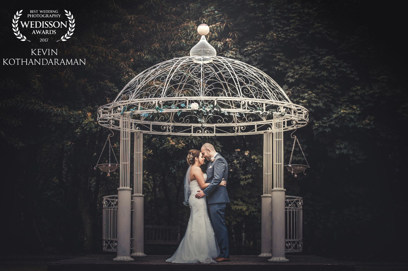 This image was shot at De Vere Theobalds Estate in Hertfordshire. We randomly came across this 'birdcage' whilst walking back from the ceremony to the reception venue.
