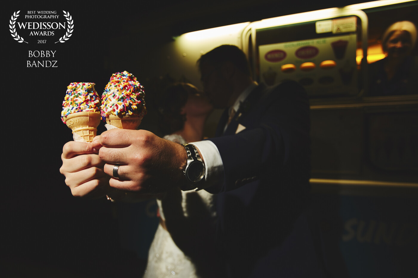 My clients didn’t do a big cake but they did have an ice cream truck outside the venue the whole night making hand made cones! They said the ice cream was good but the kiss was the sweetest part! 