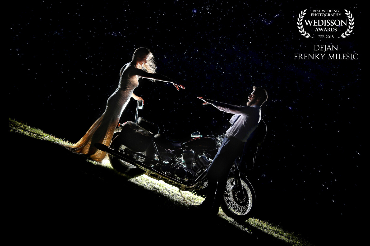 I am a wedding photographer who loves to drive a motorcycle. A couple of lovely people who had a wedding, asked me to bring my motorcycle and make a photo that will be "WOW". The sky was wonderful, a lot of stars, they were just wonderful, it was enough to touch, signal to create this magic :P