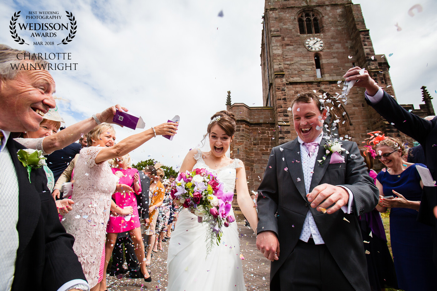 Kate and Jonny got married at one of my favourite churches in Cheshire. Reverend Tim would make anyone go to church! After an entertaining ceremony, the couple's guests were really excited for the confetti shot and as the wind picked up an abundance of confetti came their way. Kate and Jonny reacted with these cracking expressions!