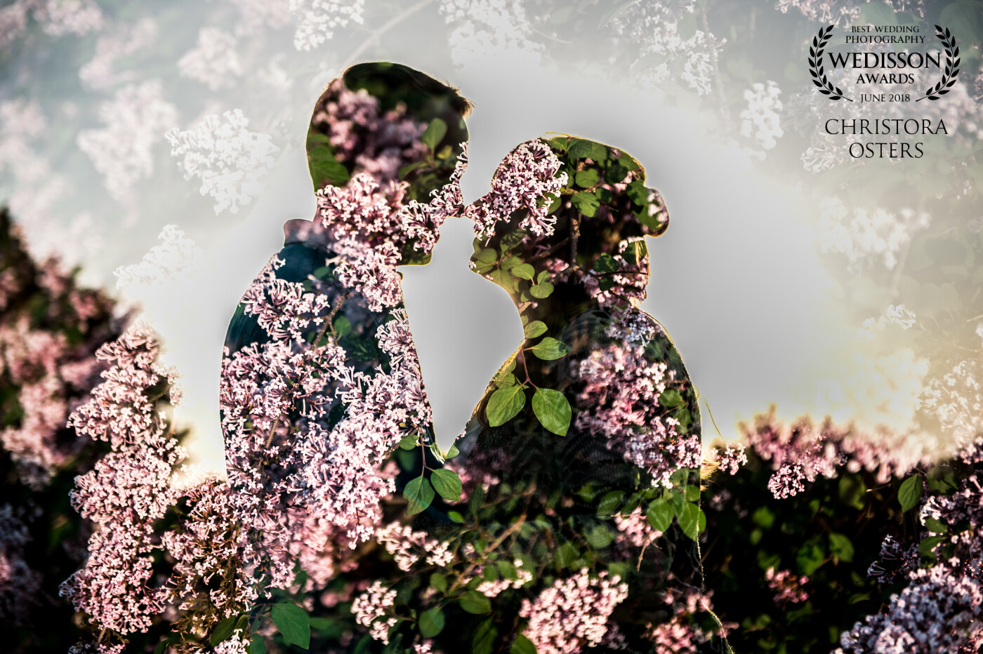 Jackie and Phillip loved the idea of incorporating the springtime lilacs into their wedding portraits - the sunset was quite cloudy which allowed for the floral vignette to bleed onto the back of the frame giving them the feeling of being enveloped. 