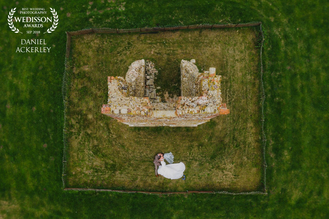 This was a collaboration with my friend Ed Bray who helped me capture this image with a drone at Godwick Hall in Norfolk, UK. Alice and Nick were a dream couple, up for anything we suggested, so we decided to use the old abandoned church spire as the location for a 'birds-eye' style composition and it turned out awesome! 
