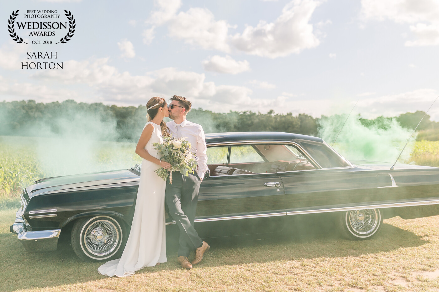 Matt & Emma were married at Alcumlow Wedding Barn in Congleton, with Matt's beloved 1963 Chevy Impala acting as wedding car. The venue mentioned they'd got some leftover smoke bombs and this happened! 