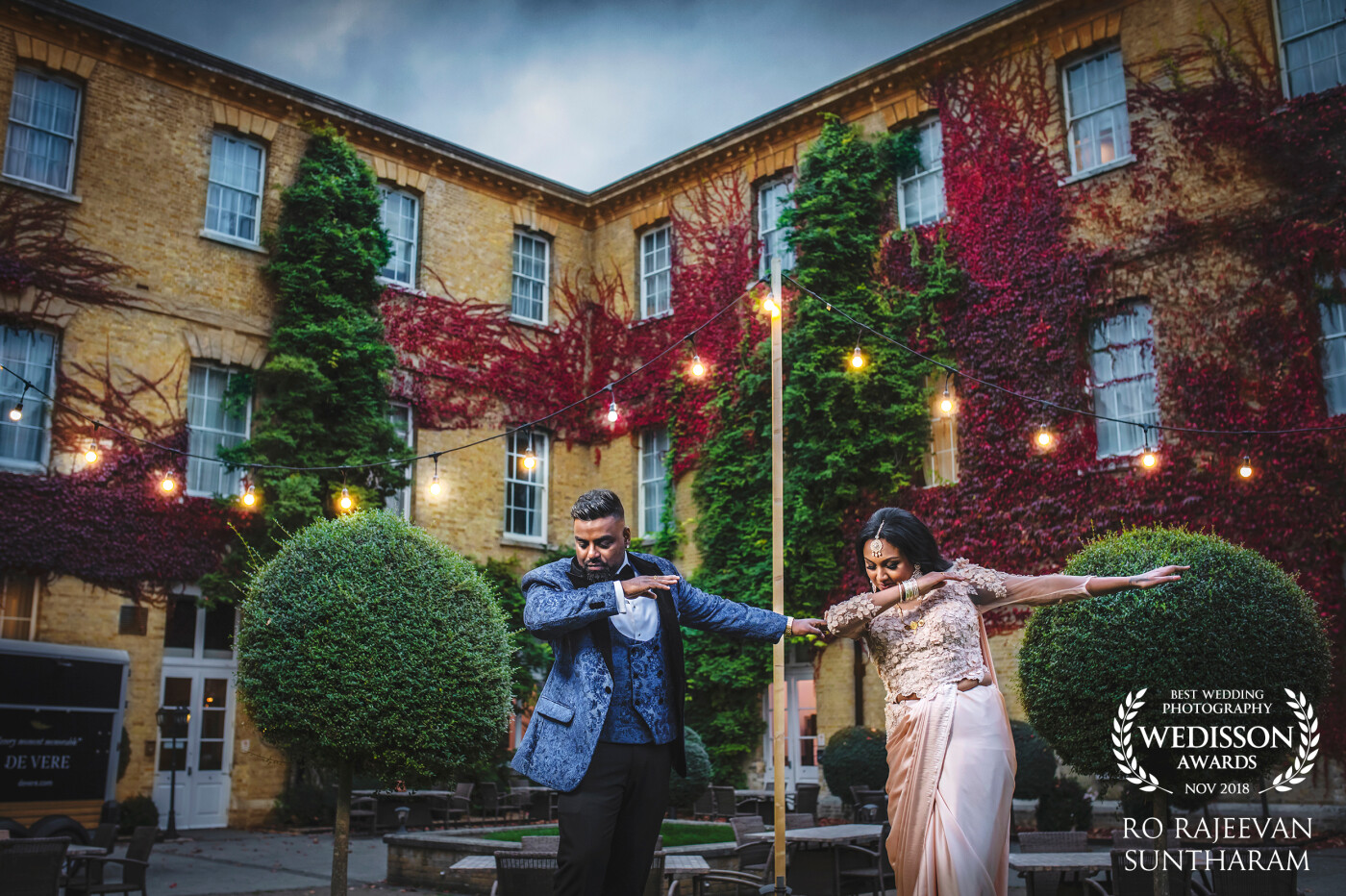 “Whilst wrapping up Juni and Emma's couple shoot at the hotel they were getting ready, I started their epic royal themed reception night off with the couple's favorite signature pose. The bride loves the Dab and somehow convinced the groom to do it along with her“.