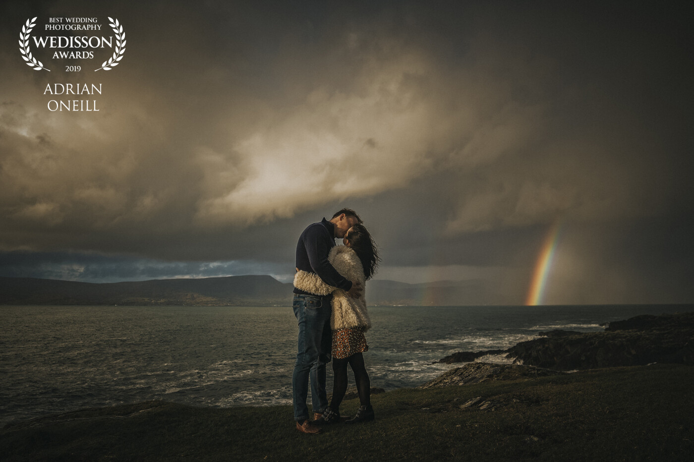 I absolutely love this image taken in the middle of a storm on the West coast of Ireland. The location is where the bride is from and it meant so much to her to have images of where she was born and grew up. The evening was wild but we were so lucky to have this unbelievable Rainbow to pop out.