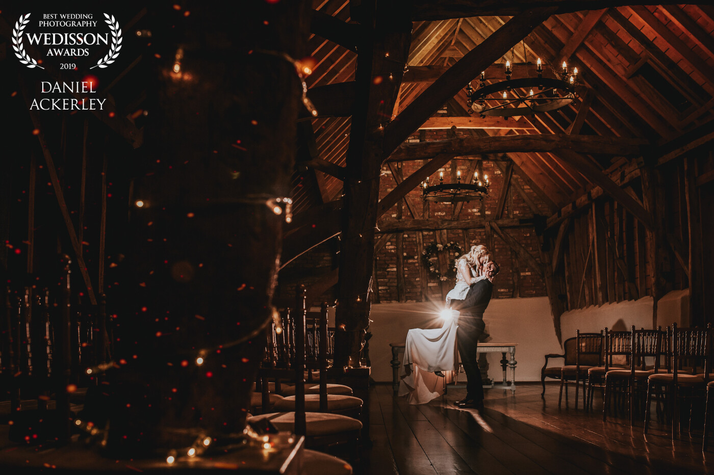 Jody & Derry had a really magical wedding, the barn was only used for the ceremony, so we decided to use it again for some evening portraits. I two lights to capture this, one behind to create the starburst effect, and the other camera left (hidden by the wooden pillar) to light them having this moment. 