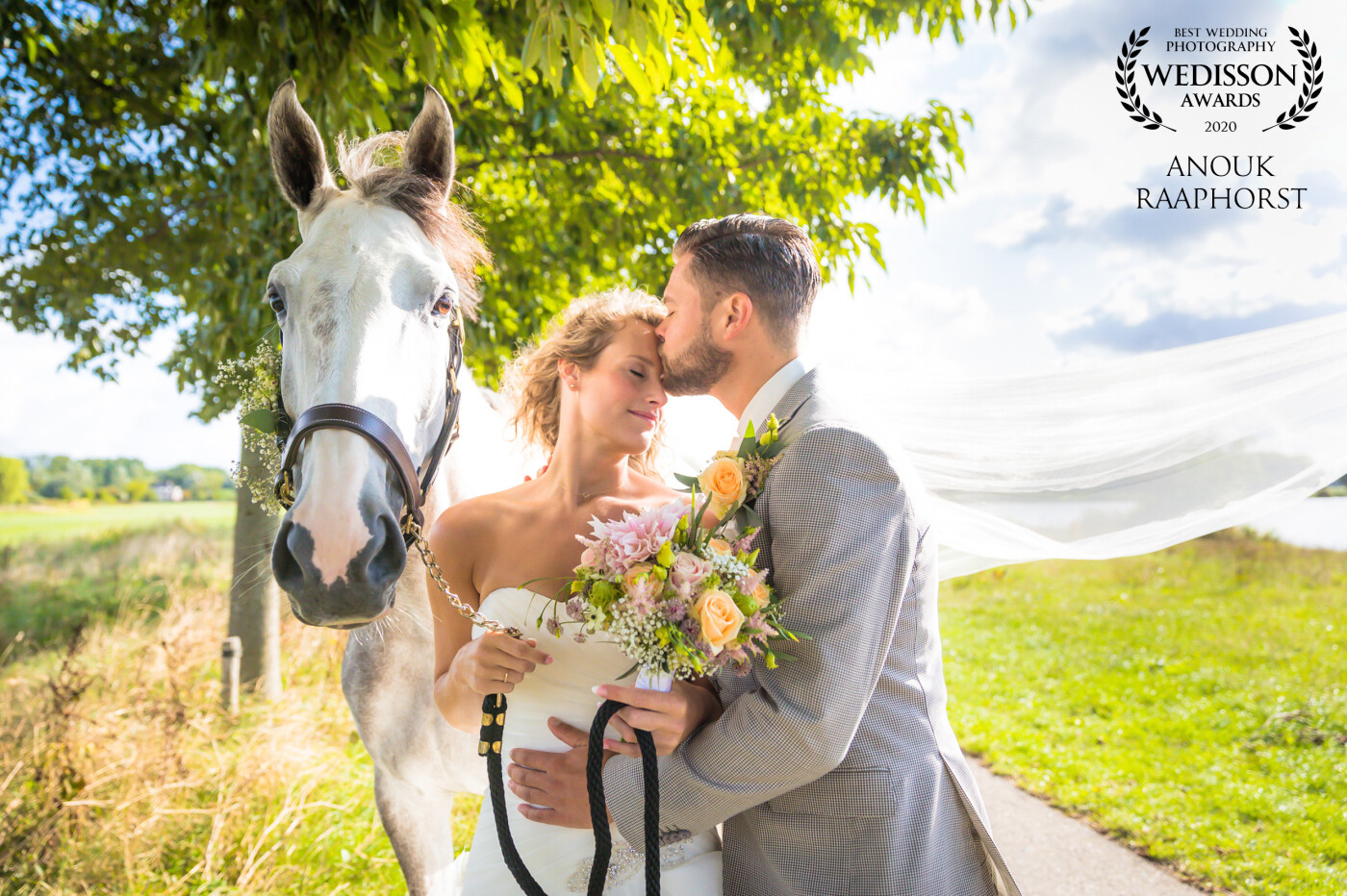 This picture means the pure love between human and animal. Her horse felt her love. The groom gives his love to his bride while the wind is blowing through her veil.