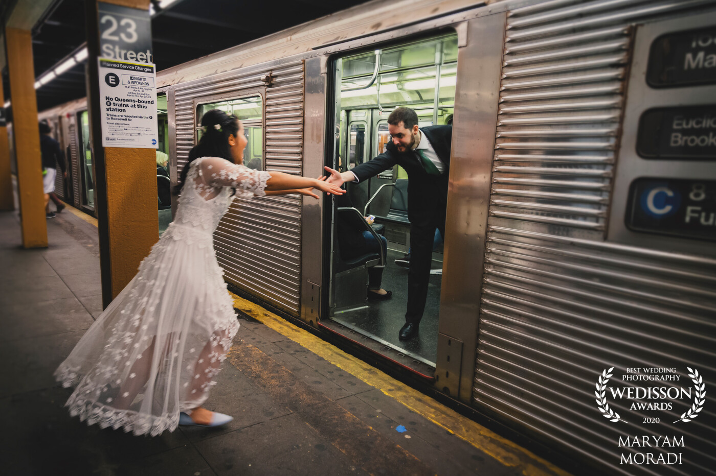 I took this exciting moment between my bride and groom in the subway. It’s all about the subway if you don't want to miss exploring in New York City. <br />
@marymor_photography<br />
New York City, US