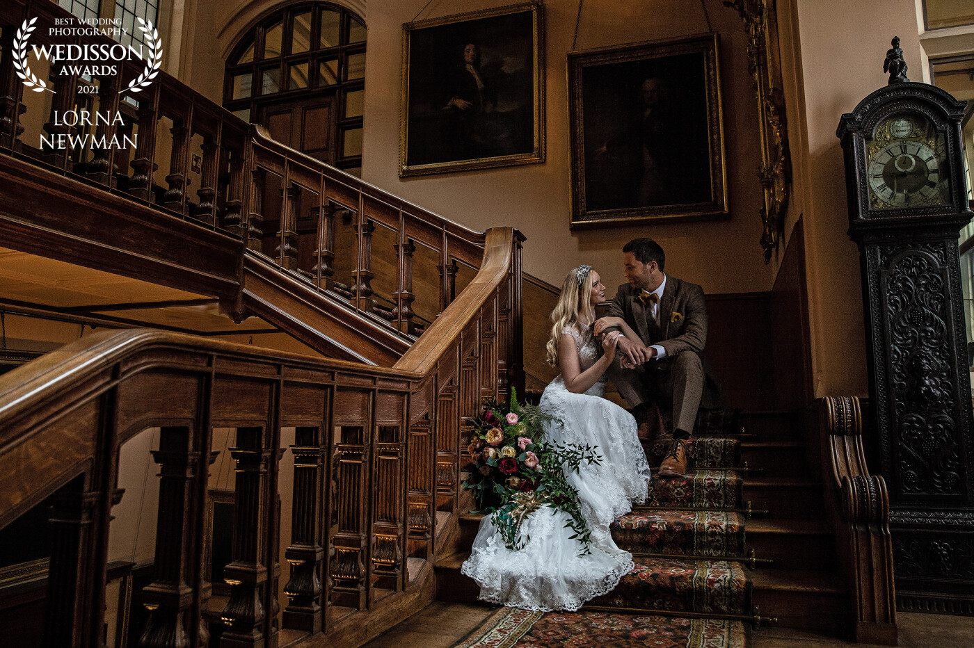 Lucy & Phil sharing a moment on the beautiful staircase at Shuttleworth House in Biggleswade, Bedfordshire (one of my favorite venues!). The staircase every bride walks down on her way to get married.