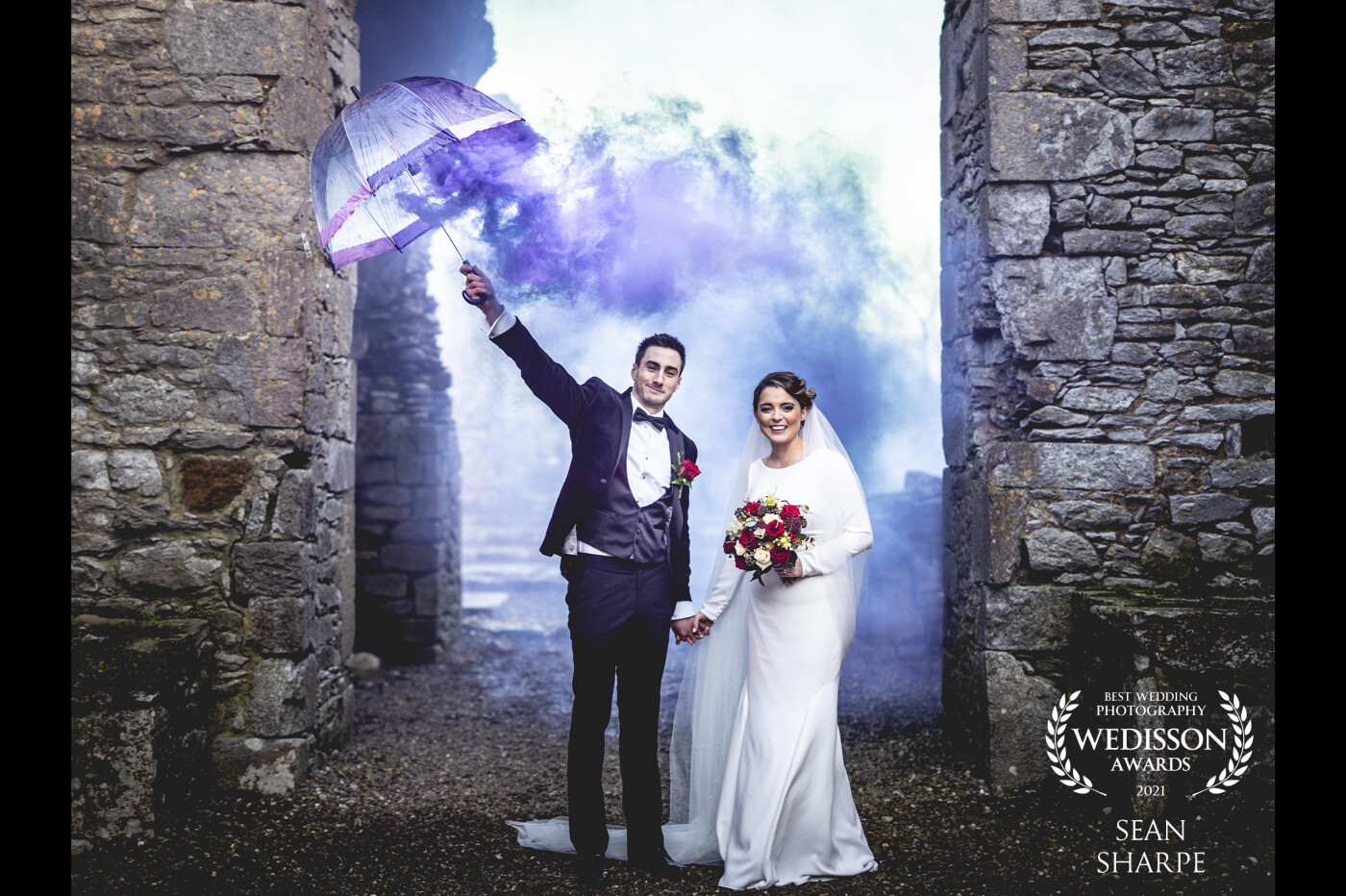 Another Covid wedding shot at Castlelyons Abbey, Co. Cork featuring an umbrella strapped with a smoke flare. Such an amazing day with Emma and Brian!