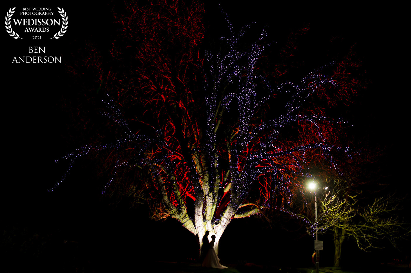 This image was taken at a winter wedding on the edge of a car park.  The tree was covered in twinkle lights and I wanted to make it a little bit more creative.  So by placing a flash between the couple and the tree, to silhouette them.  Then placing a flash behind the tree, with a red gel on and firing it up into it.  The end result was something the couple loved.