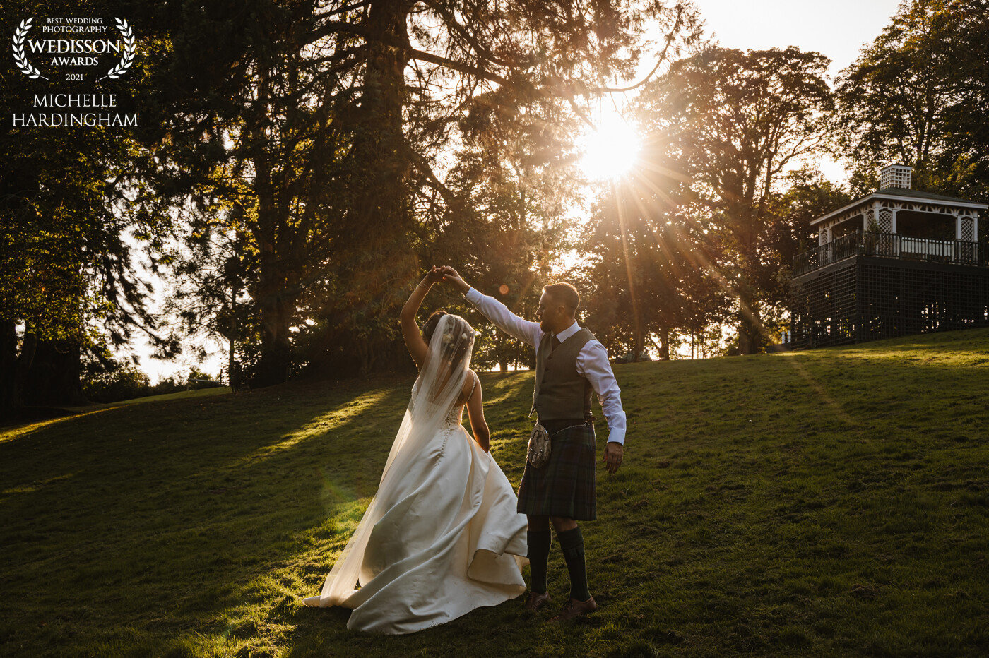 We made absolute perfect use of a rare heatwave in Scotland in September. Just dancing in the sunset on my beautiful newlyweds. A few moments after this Hamish the beautiful golden retriever came and nabbed the limelight! Well… he was adorable!