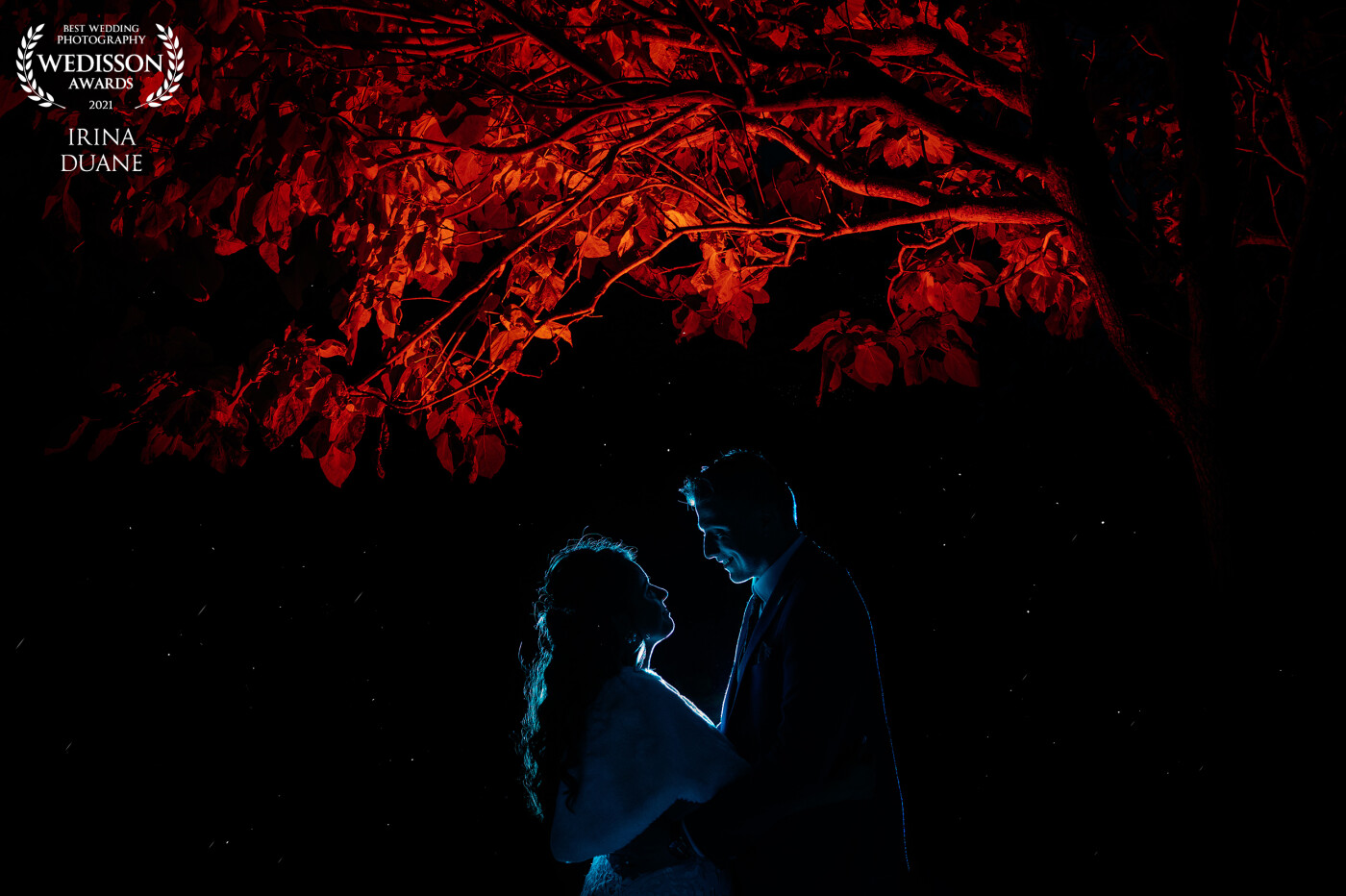 I use two speedlights. Blue gel with grid behind the couple for rim light and red gel and sphere pointed into the tree. Great technique for this time of the year when it's get dark early and you want provide your couples with a few creative shots.