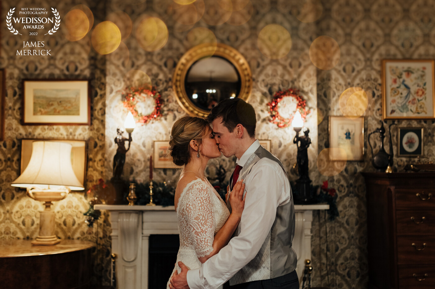 From the moment I saw this gorgeous room inside Homme House in Herefordshire, UK I just had to take the couple inside for some portraits.. I shot through some hand held fairy lights to create the bokeh above.