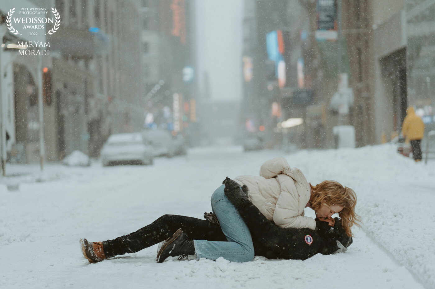 Snow in New York is mesmerizing, it can turn the busiest place in the world to a quiet place with a freezing atmosphere but right in this moment our kisses and love shattered the silence and melted the snow.<br />
<br />
@marymor_photography<br />
New York City, US