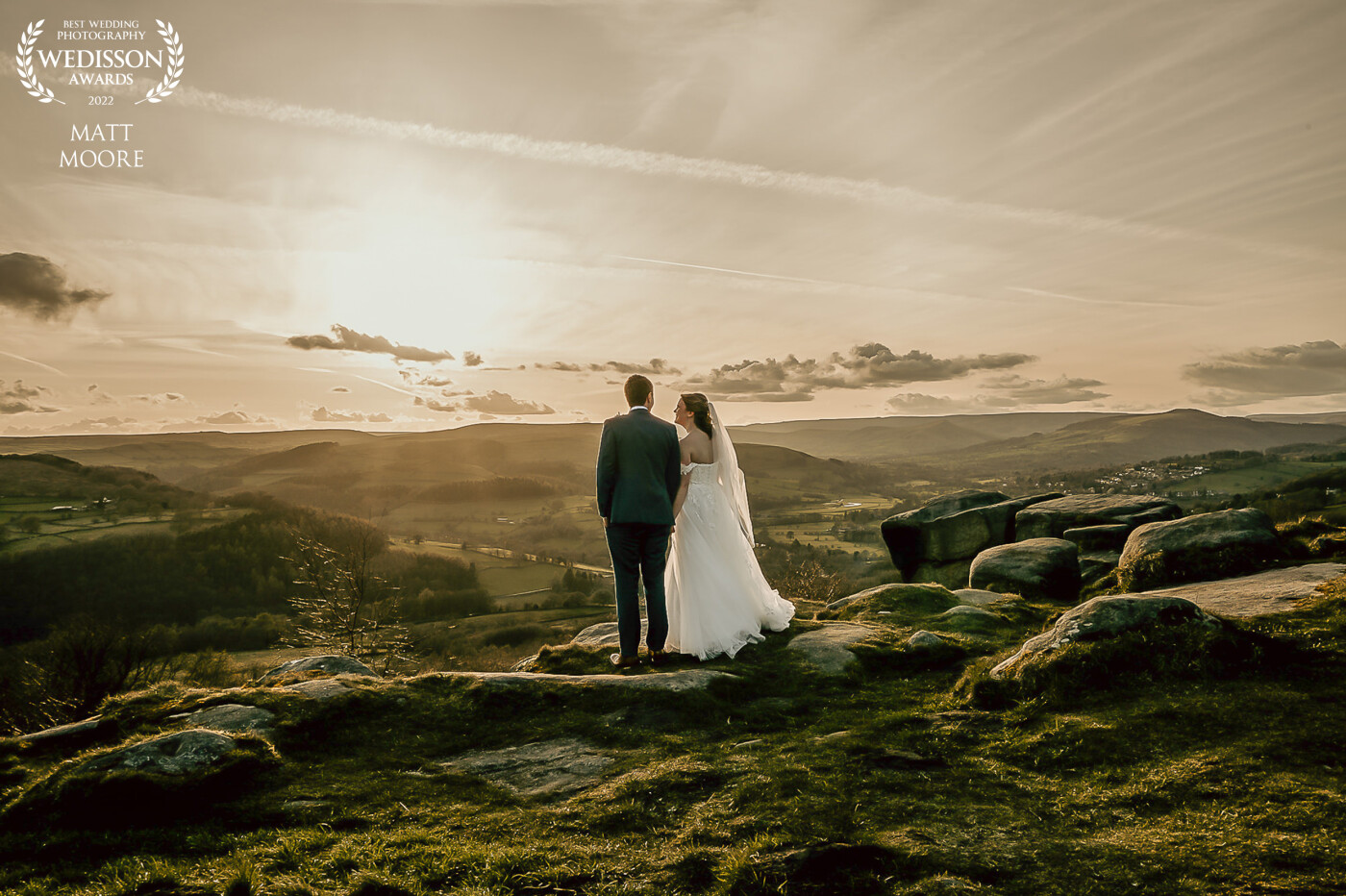 Sam and Emily overlook Derbyshire at Surprise View during the golden hour on their wedding day. We had 15 minutes to capture some epic shots overlooking the countryside and views before hot trotting it back to the venue to see their evening guests and have their first dance