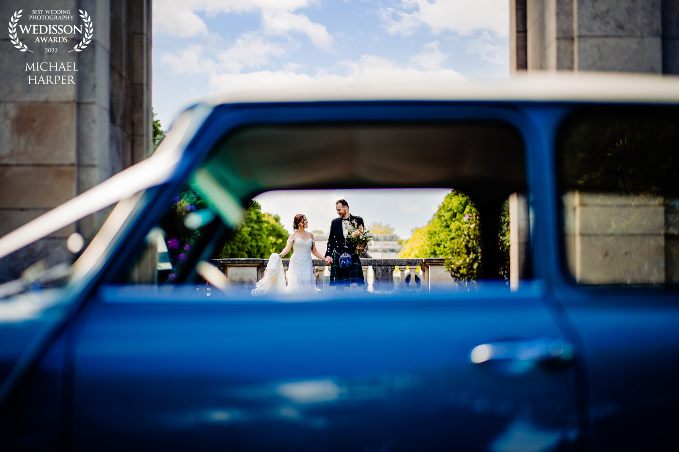 The mini was restored by the groom so we wanted in to include it somehow into their story. As the couple went for a walk it made sense in the moment to shoot through the windows into the distance as they walked into a sweet spot where they could be seen.