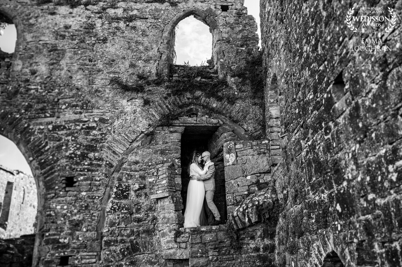 This photo was taken in an 11th century ruin of an Abbey which once housed the King of Meath and featured prominently in the film Braveheart. It also holds sentimental value to the bride as she and her family used to visit it as a child so it was an excellent choice for their wedding photos.