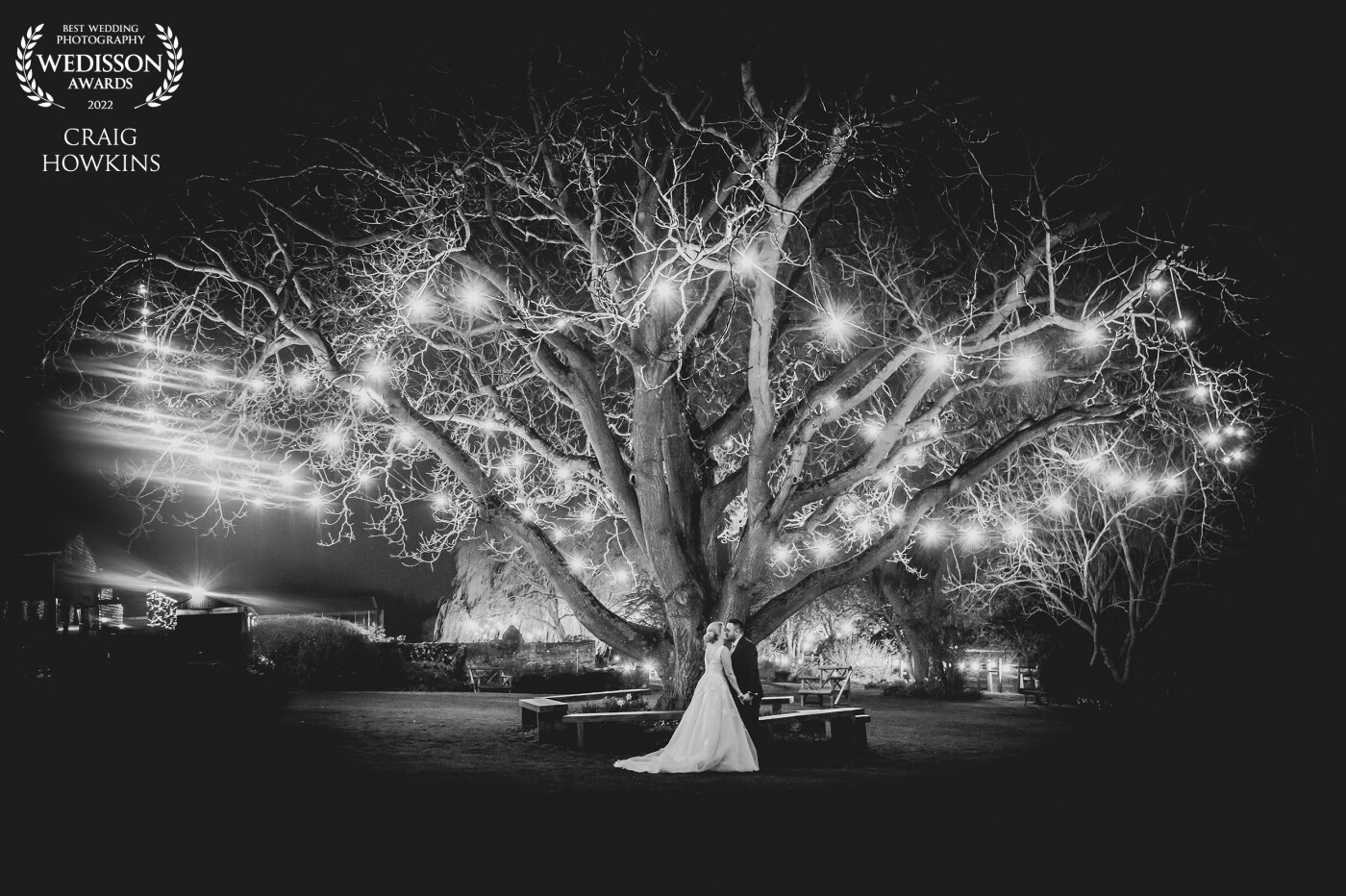 My second award from this wedding in Northamptonshire. I love it when I can have so much creative fun with my clients. I took this image at the end of the day and the cold air gave the image a lens flare from the tree lights. What an epic shot!
