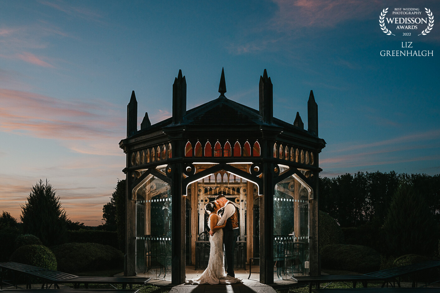 A stolen moment as the sun sets over the Pavillion at The Old Hall Ely for Natalie and Adam. Capturing an evening shot is a great way to end a perfect day