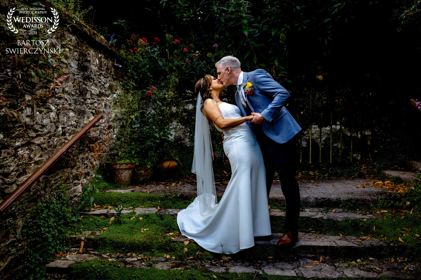 After very intimate wedding ceremony I took my couple for a short walk around grounds of stunning Barnabrow House in County Cork. While we were coming down the beautiful steps I just said 'Peter you may now kiss your bride' and he did it eagerly.