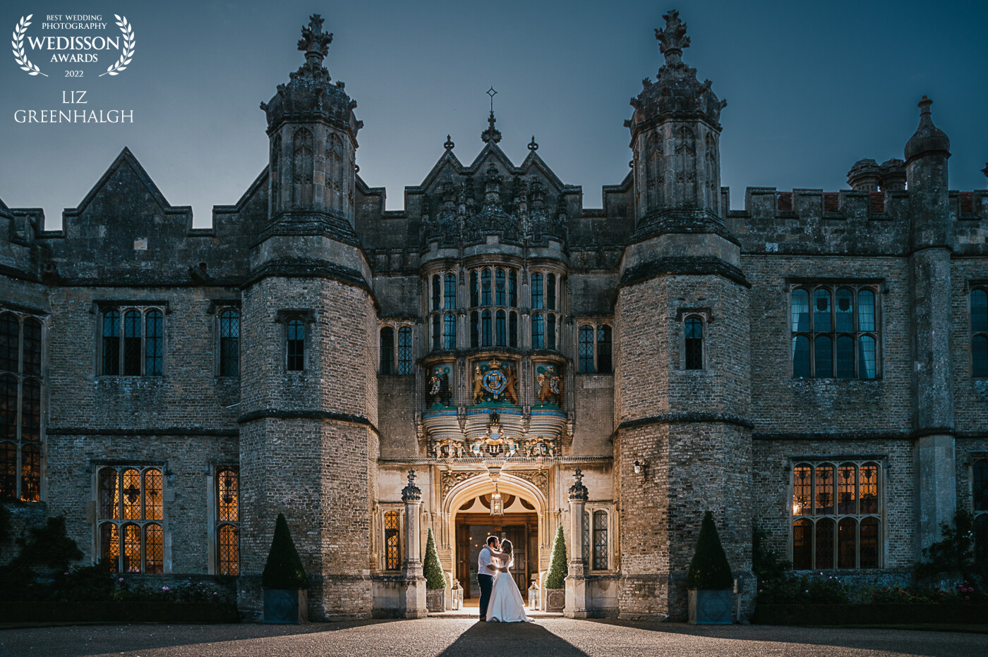 A wonderful evening shot of the fabulous wedding at Hengrave Hall one Summers evening in July.  The front of the building made the perfect shot