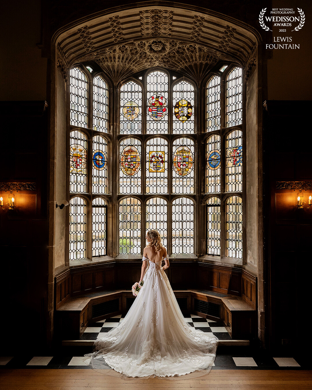 There are some awesome locations and photo opportunities within Hengrave Hall and we couldn’t resist capturing Rachael in here stunning wedding dress in this magnificent window.