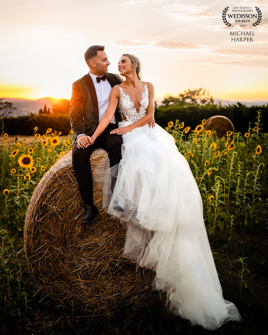 A rare moment when we had access to a hay bale,  a sunflower garden, a sunset and a couple who are up for anything! And this is the result.
