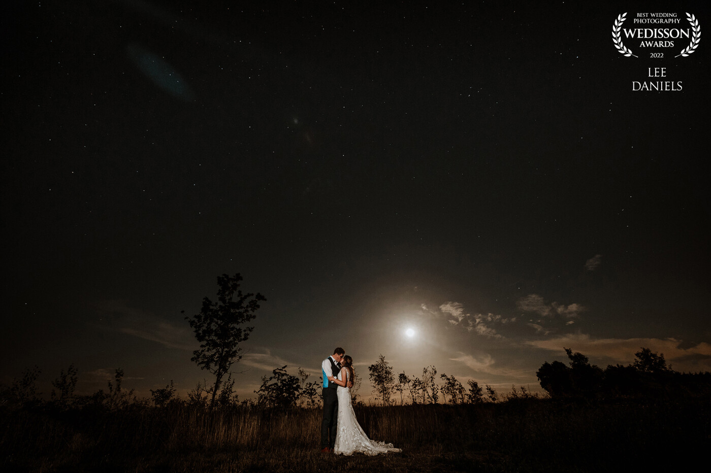 An autumn moon rises over Bassmead Manor Barns. Ricky & Danielle were more than willing to nip out and capture some nighttime portraits
